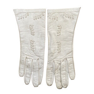 Vintage 1940’s White Kid Leather Gloves Aris Germany Size 6.5 Appliqué Wedding